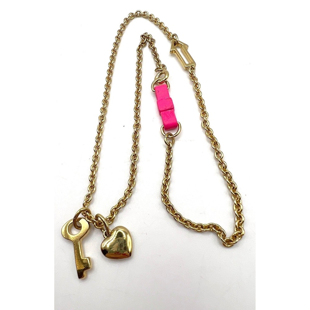 Gold Tone Key & Heart Charm Necklace Arrow Clasp Valentine Style 17"